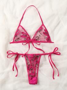Butterfly Embroidery Mesh Lingerie Set - Hot Pink - View 4