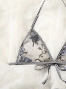 Butterfly Embroidery Mesh Lingerie Set - Grey - View 3