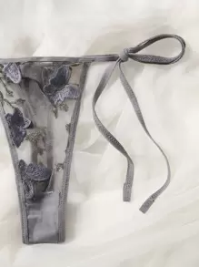 Butterfly Embroidery Mesh Lingerie Set - Grey - View 4