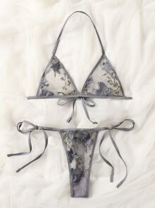 Butterfly Embroidery Mesh Lingerie Set - Grey - View 5