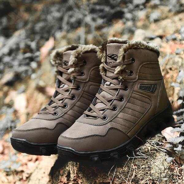 

Men Plush Inside Lace-up Snow Boots, Brown