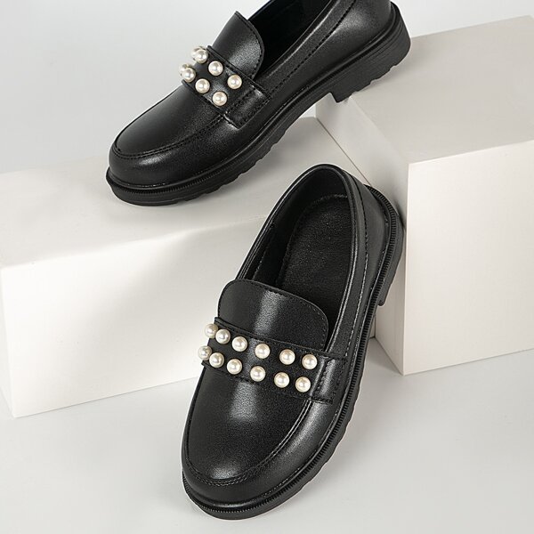 

Girls Faux Pearl Decor Loafers, Black