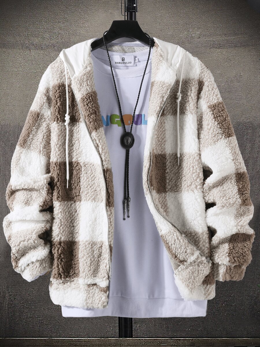 Manfinity Hypemode Men Buffalo Plaid Print Zip Up Drop Shoulder Hooded Teddy Jacket Without Top - Multicolor - View 1