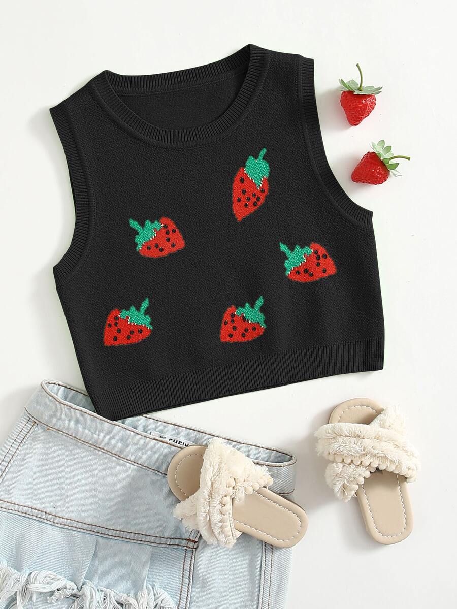 SHEIN Chaleco de punto con patrón de fresa - Negro - Ver 1