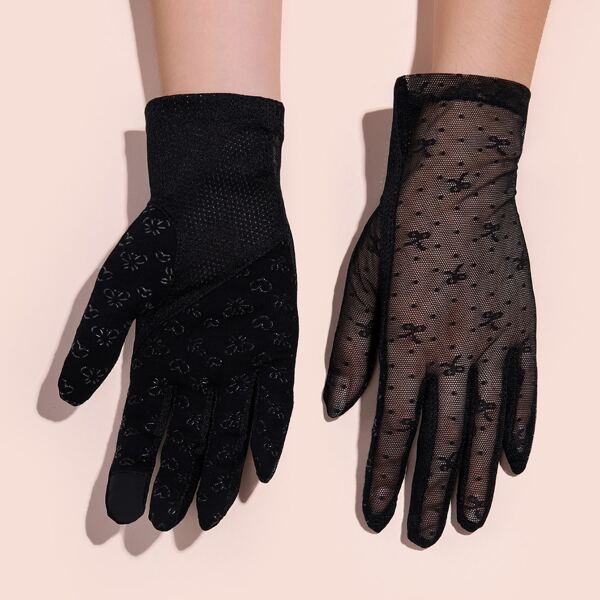 

Heart Pattern Mesh Gloves, Black