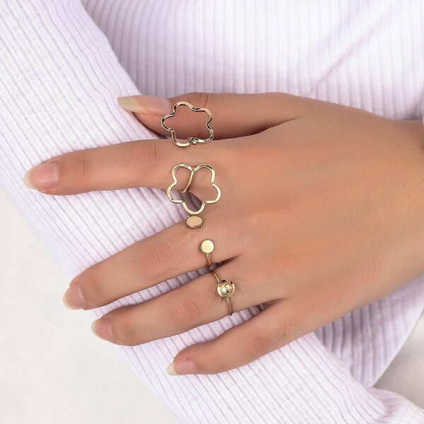 

3pcs Flower Decor Ring, Gold