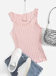 SHEIN EZwear Lettuce Trim Rib Knit Tank Top - Baby Pink - View 6