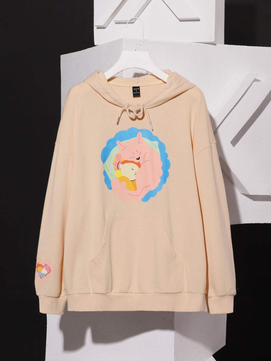 DanzhuHu Capucha amplia con estampado de dibujos animados con cordón - Albaricoque - Ver 1