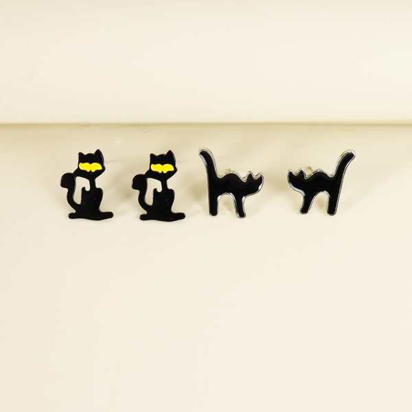 

2pairs Cat Decor Stud Earrings, Black