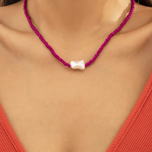 

Faux Pearl Decor Beaded Necklace, Purple
