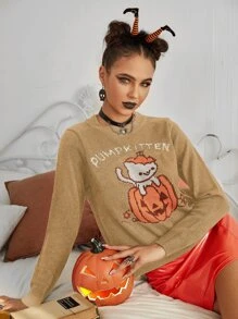 Halloween Pumpkin & Cat Pattern Sweater - Khaki - View 1