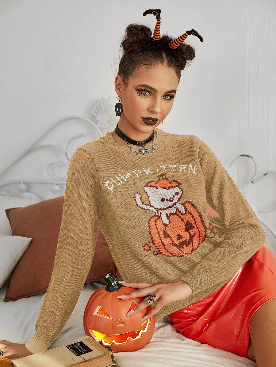 Halloween Pumpkin & Cat Pattern Sweater - Khaki - View 1