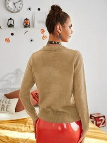 Halloween Pumpkin & Cat Pattern Sweater - Khaki - View 2