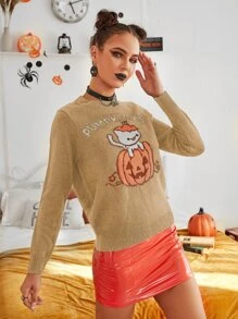 Halloween Pumpkin & Cat Pattern Sweater - Khaki - View 3