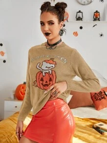Halloween Pumpkin & Cat Pattern Sweater - Khaki - View 4