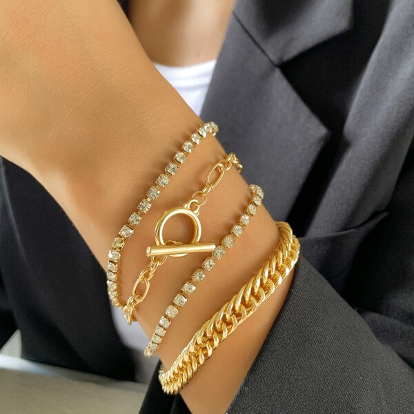 

4pcs Rhinestone Decor Bracelet, Gold