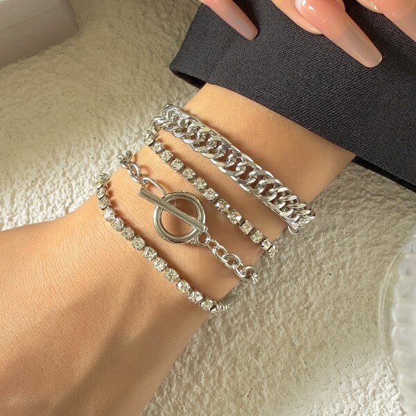 

4pcs Rhinestone Decor Bracelet, Silver