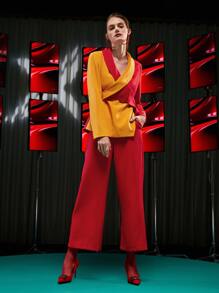 Ishaarah Two Tone Shawl Collar Wrap Blazer & Palazzo Pants Set - Multicolor - View 1