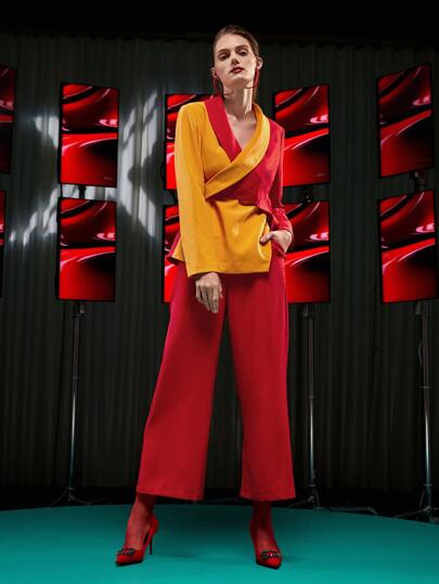 Ishaarah 雙色青果領圍裹西裝外套和闊腿褲套裝