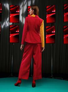 Ishaarah Two Tone Shawl Collar Wrap Blazer & Palazzo Pants Set - Multicolor - View 2