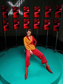 Ishaarah Two Tone Shawl Collar Wrap Blazer & Palazzo Pants Set - Multicolor - View 3