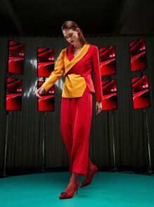 Ishaarah Two Tone Shawl Collar Wrap Blazer & Palazzo Pants Set - Multicolor - View 4