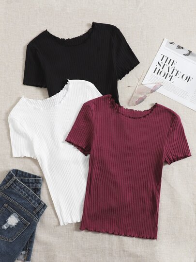 SHEIN 3pcs Knitted Casual Round Neck Short Sleeve T-Shirt Set For Tween Girls, School, Campus, College