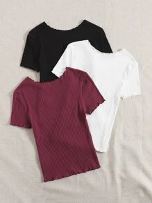 SHEIN EZwear Conjunto de verano de 3 piezas con camiseta de punto acanalado con ribete de lechuga - Multicolor - Ver 2