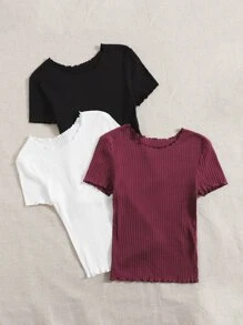 SHEIN EZwear Conjunto de verano de 3 piezas con camiseta de punto acanalado con ribete de lechuga - Multicolor - Ver 3