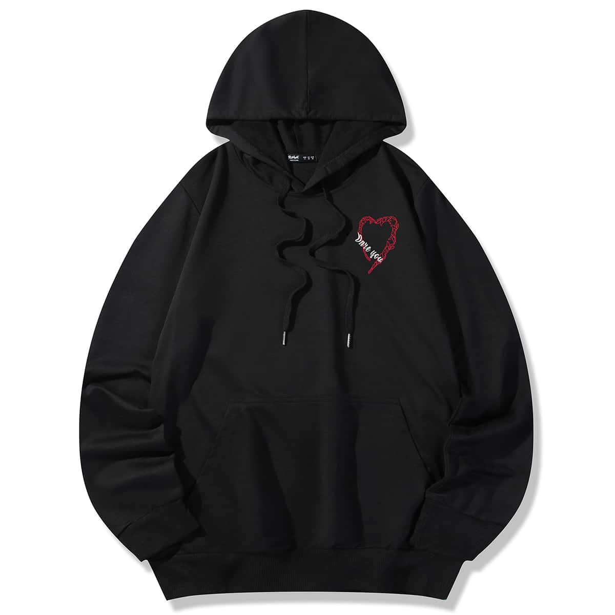 

Guys Letter Heart Graphic Pocket Drawstring Hoodie, Black