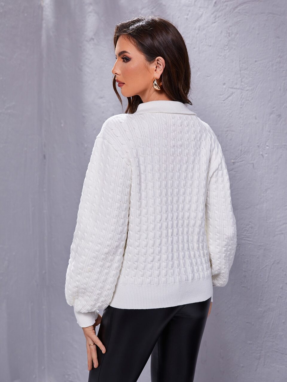 Cable Knit Button Front Bishop Sleeve Sweater
