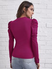 SHEIN Clasi 羊腿袖羅紋針織T恤 - 中紫紅色 - 查看 2