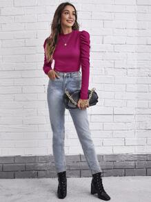 SHEIN Clasi 羊腿袖羅紋針織T恤 - 中紫紅色 - 查看 4