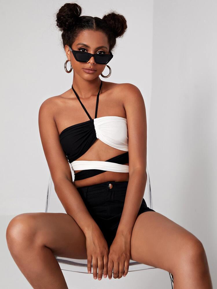 Two Tone Backless Criss Cross Crop Halter Top & Shorts