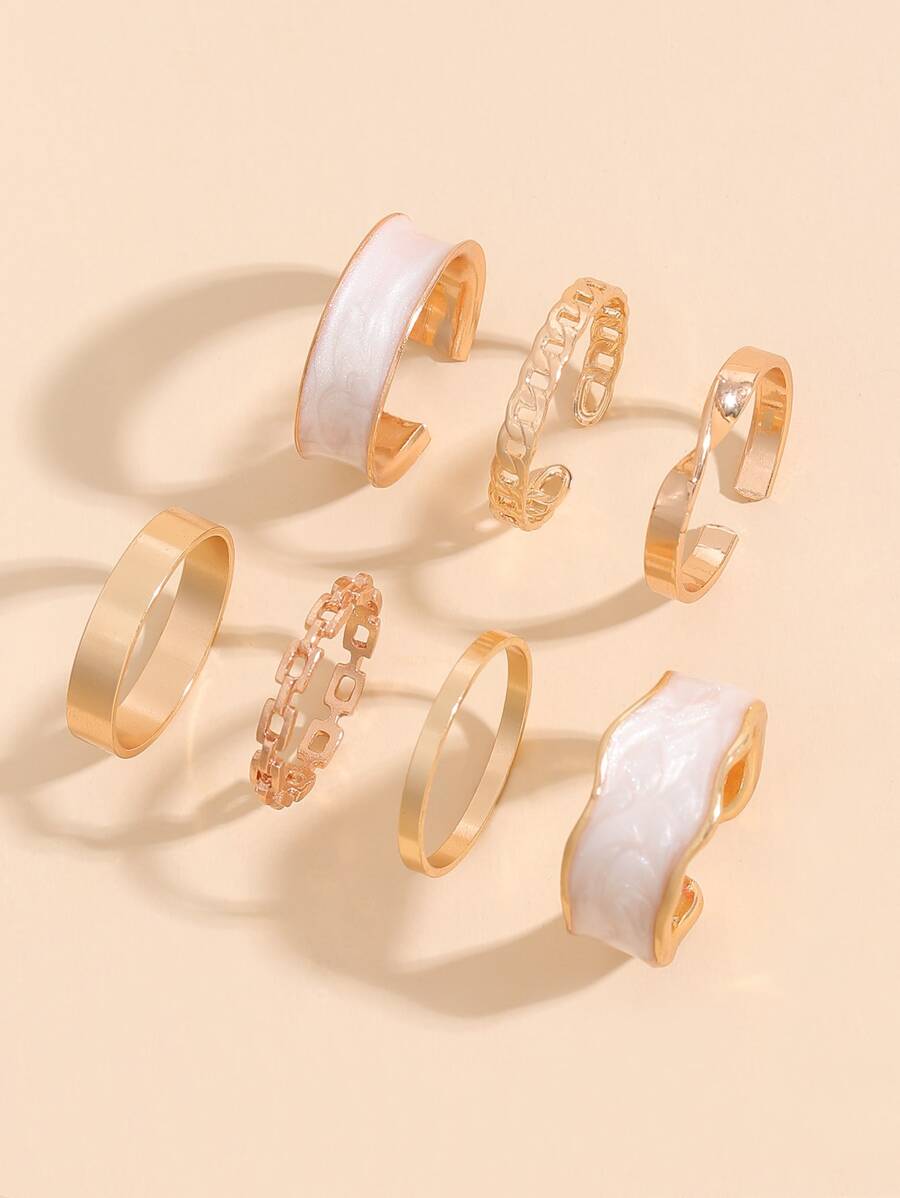 7入組簡約風戒指 - 金黃色 - 查看 1