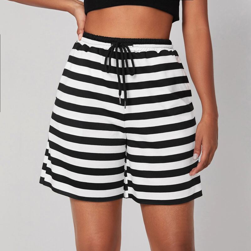 

Drawstring Waist Striped Shorts, Black and white