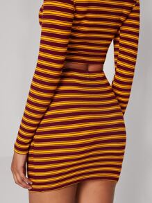 SHEIN 高腰條紋圖案包臀半身裙 - 彩色 - 查看 3