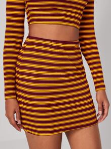 SHEIN 高腰條紋圖案包臀半身裙 - 彩色 - 查看 4