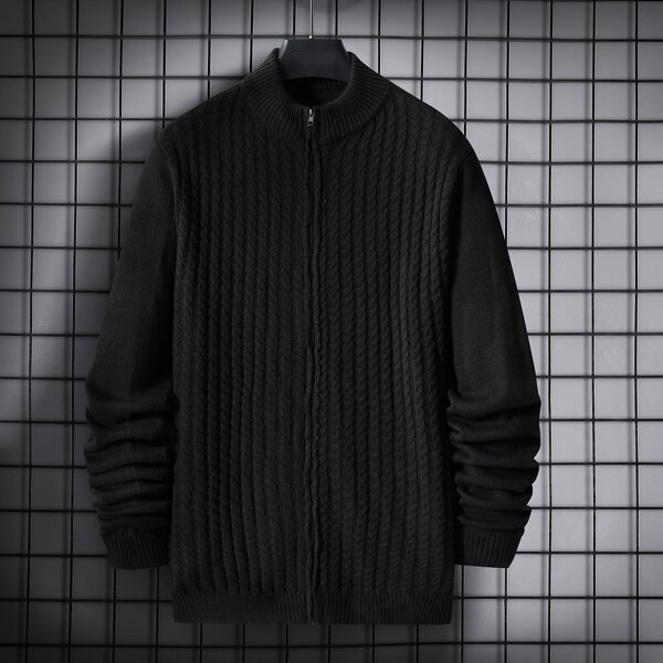 

Men Cable Knit Zipper Cardigan, Black