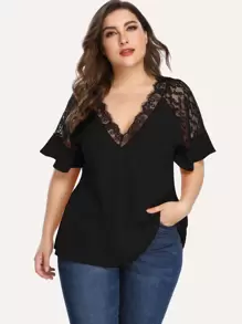 SHEIN Clasi Plus Lace Panel Flounce Sleeve Blouse - Black - View 1