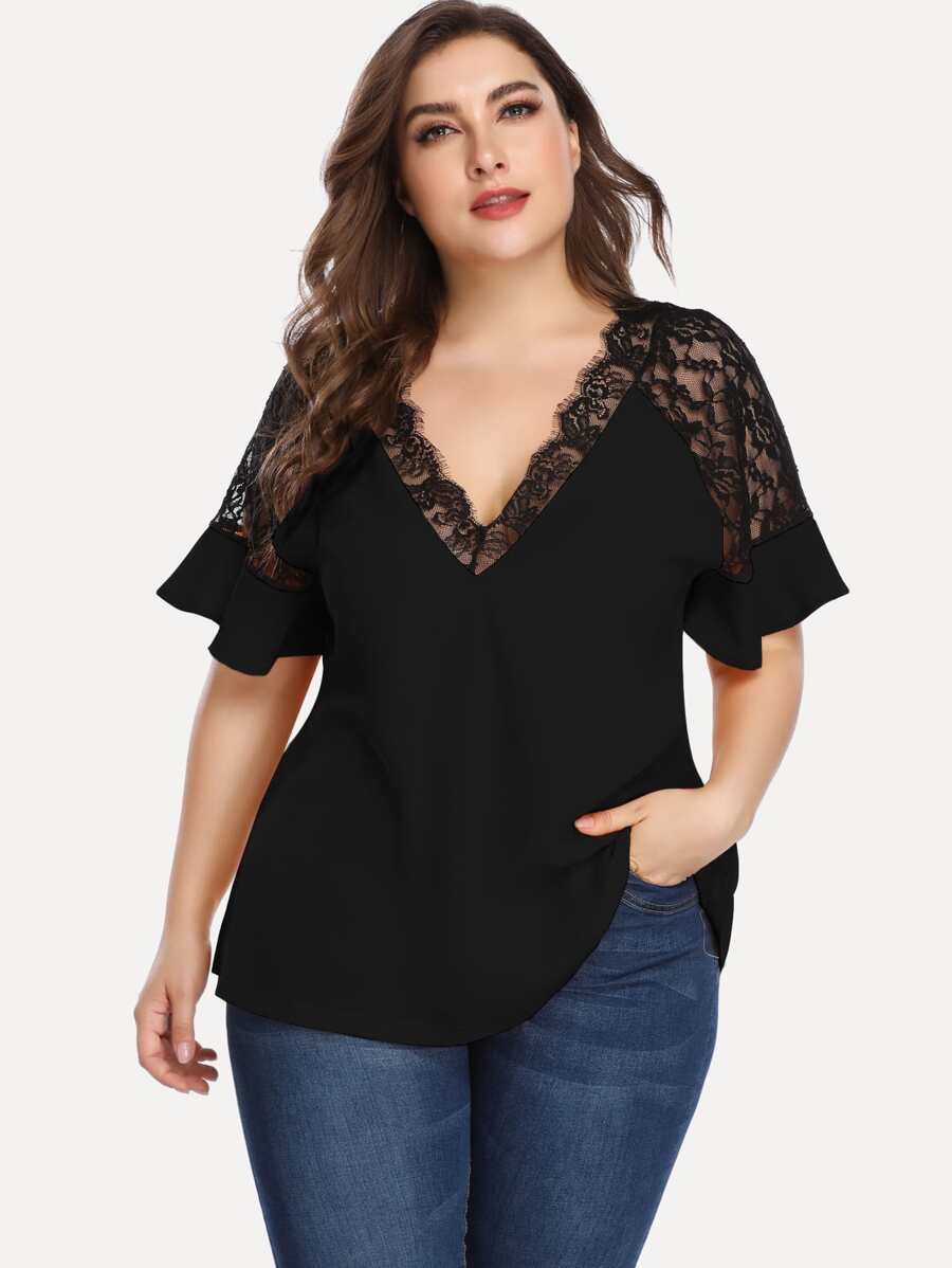 SHEIN Clasi Plus Lace Panel Flounce Sleeve Blouse - Black - View 1