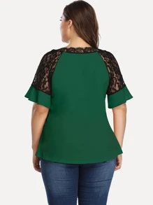 Plus Lace Panel Flounce Sleeve Blouse