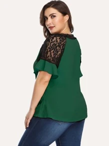 Plus Lace Panel Flounce Sleeve Blouse