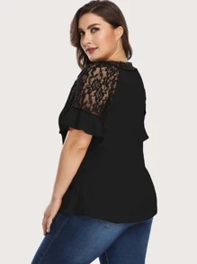 SHEIN Clasi Plus Lace Panel Flounce Sleeve Blouse - Black - View 2