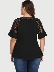 SHEIN Clasi Plus Lace Panel Flounce Sleeve Blouse - Black - View 3