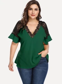 Plus Lace Panel Flounce Sleeve Blouse