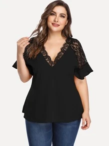 SHEIN Clasi Plus Lace Panel Flounce Sleeve Blouse - Black - View 4