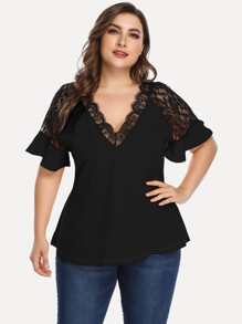 SHEIN Clasi Plus Lace Panel Flounce Sleeve Blouse - Black - View 5