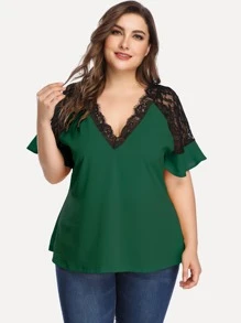 Plus Lace Panel Flounce Sleeve Blouse