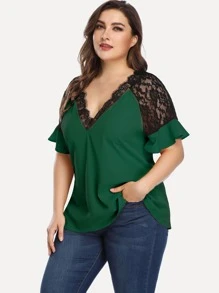 Plus Lace Panel Flounce Sleeve Blouse